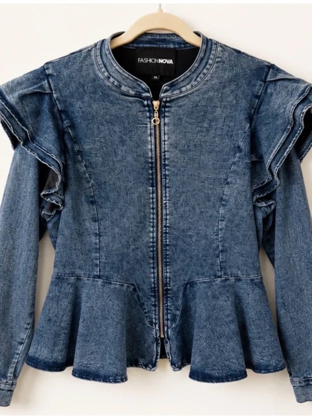 Fashion Nova Washed Blue Denim Peplum Zip-Up Jacket